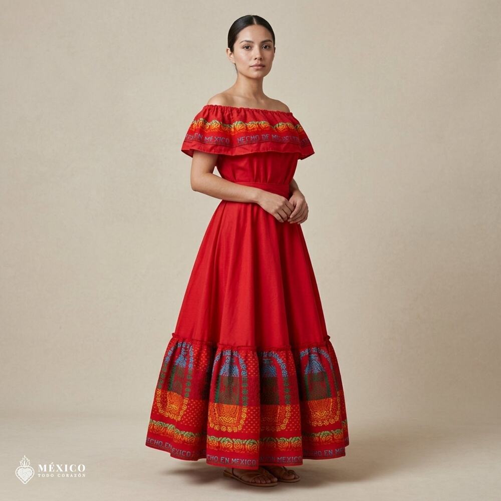 Traditional Mexican 3-Piece Cambaya Dress Set with Matching Rebozo Handmade